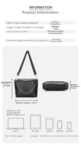 Size chart for black wave quilted crossbody bag with gold chain strap and dimensions