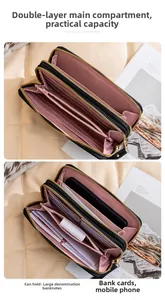 Dual-layer long wallet with card slots and phone pocket in black and pink design