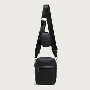 Vertical quilted crossbody bag for women with round coin purse and wide nylon strap