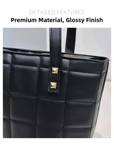 Détail du sac à main noir en similicuir matelassé avec rivets dorés et texture de qualité