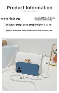 White quilted PU leather crossbody bag with metal lock and 16.5x12.5x6cm size reference