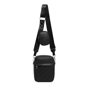 Vertical quilted crossbody bag set in black PU leather with matching round coin pouch