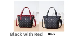 Detail view of vintage printed bucket bags in black and red contrast color options
