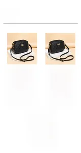 Detail view of five black PU leather crossbody bags with various quilted patterns and gold hardware