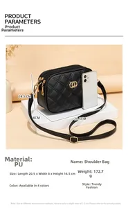 Close-up of black quilted shoulder bag with gold hardware and PU material specifications