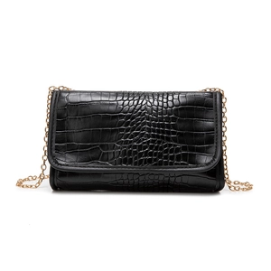Elegant black crocodile pattern crossbody bag with gold chain strap for women
