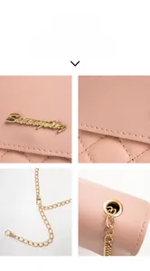 Detail display of pink quilted handbag with gold chain strap and metallic logo