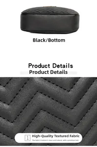 Detail view of the black chevron quilted leather bag with bottom view and macro texture