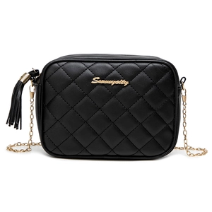 Classic black quilted camera crossbody bag with gold chain strap and tassel detail