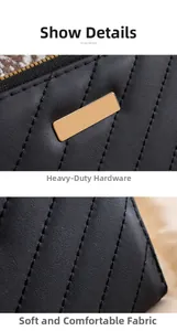 Detail view of black quilted faux leather with gold metal plaque and fine stitching