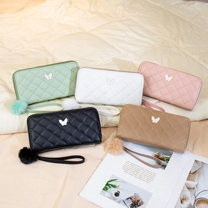 Portefeuille Long Femme Matelassé Losange Similicuir Pochette Double Fermeture Éclair Décor Papillon Métal Avec Pompon