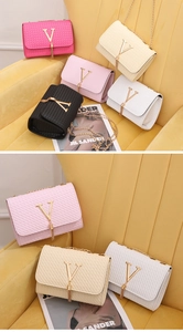Detailed view of quilted V-buckle chain bags with tassels in various pastel colors