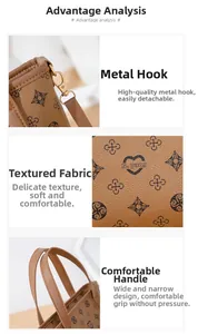 Detail showing the brown vintage printed handbag with detachable metal hooks and leather texture