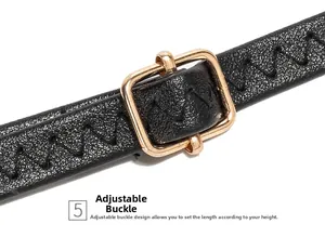 Detail of black pebbled leather strap with gold buckle and wave embroidery stitching