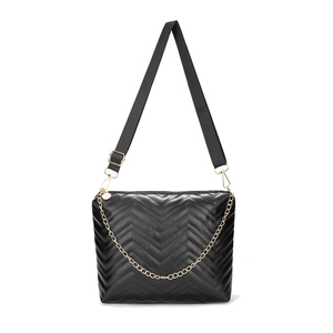 Classic black wave quilted bucket bag with golden chain detail and adjustable strap