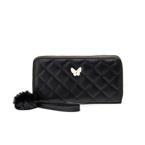 Portefeuille matelassé noir à motif papillon blanc avec dragonne en pompon moelleux