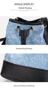 Details der floralen Denim-Beuteltasche mit hochwertigen Nähten und Leder-Kordelzug