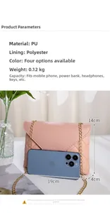 Pink quilted PU leather crossbody bag with chain strap and detailed size dimensions