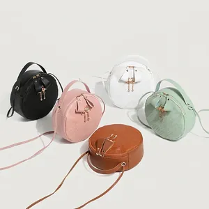 Women Round Crossbody Bag PU Leather Weave Texture Flamingo Metal Charm Top Handle Small Retro Circular Shoulder Bag