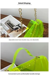 Detail of neon green transparent PVC bag with adjustable gold chain and handle