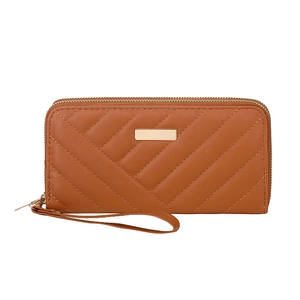 Brown long zip wallet for women with V-shaped quilting and a convenient wrist strap