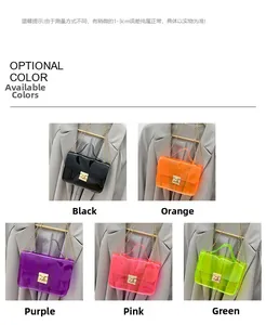 Detail view of five colorful transparent PVC mini bags with gold chains and hardware