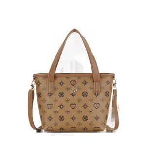 Vintage brown leather bucket bag with heart monogram pattern and gold flower buckle