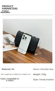 Detailed size comparison of black woven PU leather bag with gold chain and trendy design