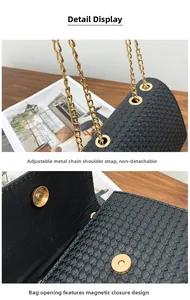 Detail of black woven shoulder bag with adjustable gold chain and magnetic snap closure