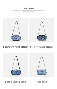 Detail view of denim crossbody bags in plaid, diamond, and rose floral pattern textures