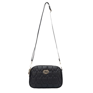 Elegant black heart-quilted PU leather shoulder bag with golden double heart logo