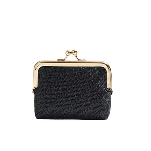 Minimalist black woven coin purse with vintage gold metal kiss lock closure