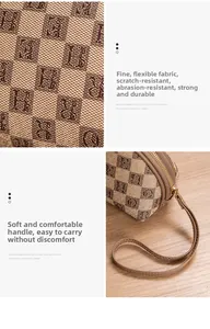 Detail of durable H-pattern printed mini clutch with smooth gold zipper and leather handle