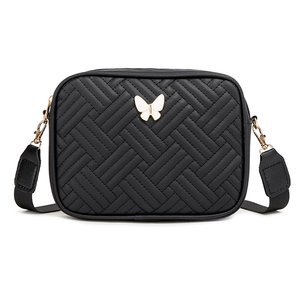 Sac bandoulière noir classique pour femme avec texture tissée et breloque papillon