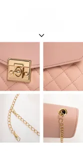 Detail display of pink quilted mini bag with gold chain strap and rectangular lock