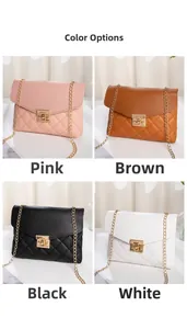 Detailed grid view showing four colors of the quilted leather bag with gold metal chains