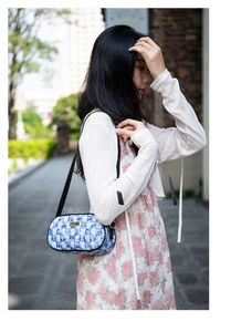 Close-up of blue and white checkered underarm bag with gold logo on a street background