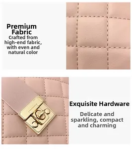 Close-up of pink quilted faux leather texture and gold metal hardware lock detail