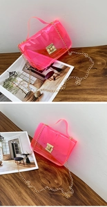 Close-up of pink transparent PVC mini bag with gold chain strap and metal clasp detail