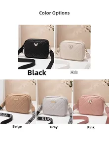 Quilted crossbody bags in five colors with tassel charms and wide printed straps