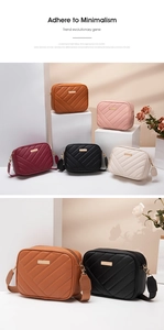 Detailed grid of embroidered camera bags in five colors with quilted PU leather texture