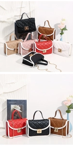 Detailed view of quilted faux leather crossbody bags in multiple colors with chain straps