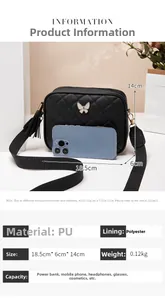 Detail view of black quilted PU leather shoulder bag with butterfly charm and size specs