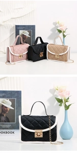 Detailed trio of quilted leather handbags in pink, black and khaki with gold chain straps