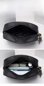 Detail view showing large capacity interior of black quilted shoulder bag