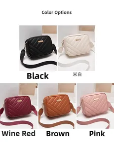 Quilted small square crossbody bags displayed in black, off-white, wine red, brown and pink