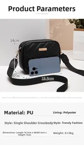Size comparison of a black quilted crossbody bag next to a smartphone for scale