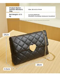 Infographic showing dimensions 20x4.5x14cm for black quilted bag with heart lock