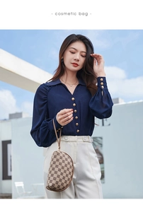 Brown checkered pattern cosmetic bag paired with high-waist trousers and chiffon shirt