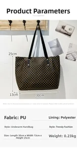 Detailed size chart for the checkered tote bag including dimensions 30x13x25cm and PU fabric